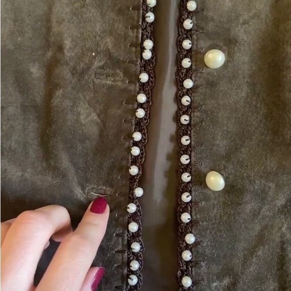 100% SUEDE SOPHIE CHANG Faux Pearl embellished lightweight jacket darkOlive Med - Picture 6 of 15